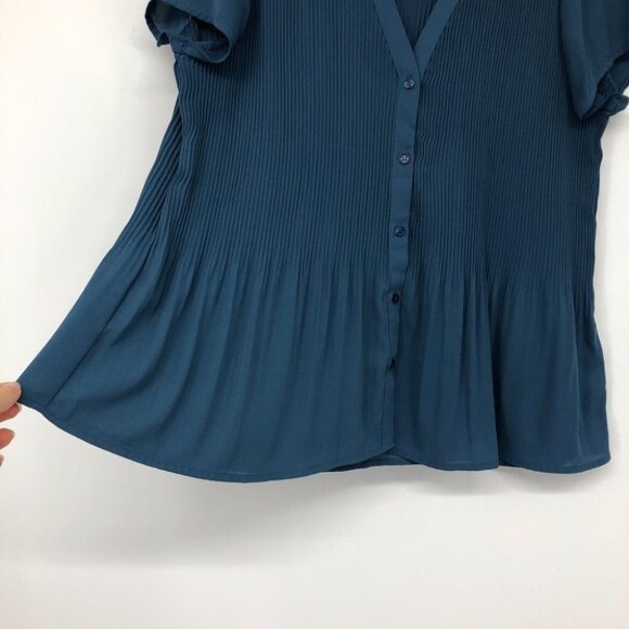 Pleione  Plisse Pleated V-neck Blouse In Slate Blue SP - Picture 16 of 16